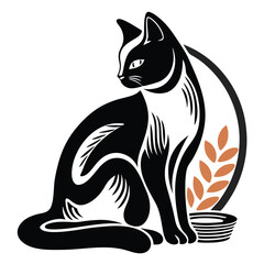 a vector silhouette of a cat sitting gracefully with its food bowl placed in front of her