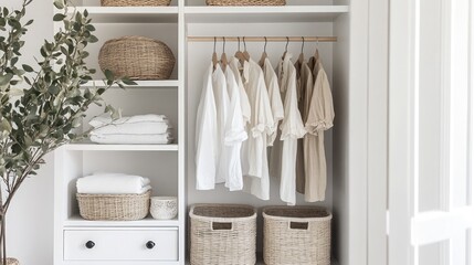 Cozy and Organized Minimalist Closet with Neutral Clothing, Baskets, and Towels in a Serene Home Setting, Perfect for Stylish and Functional Storage Solutions