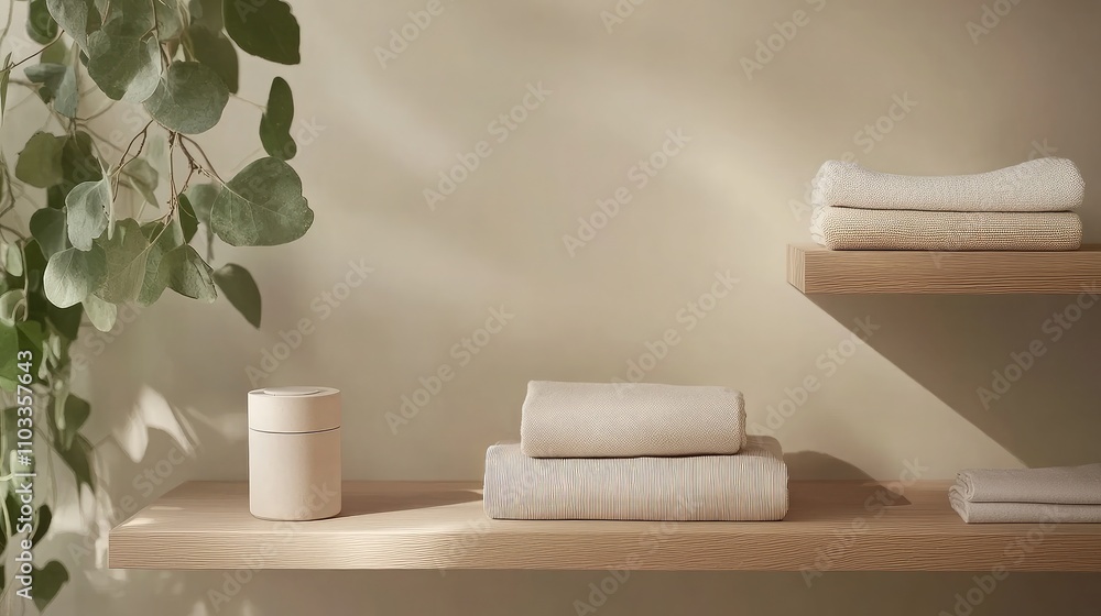 Poster soft and neutral tones in a minimalist bathroom setting with wrapped towels and decorative elements 