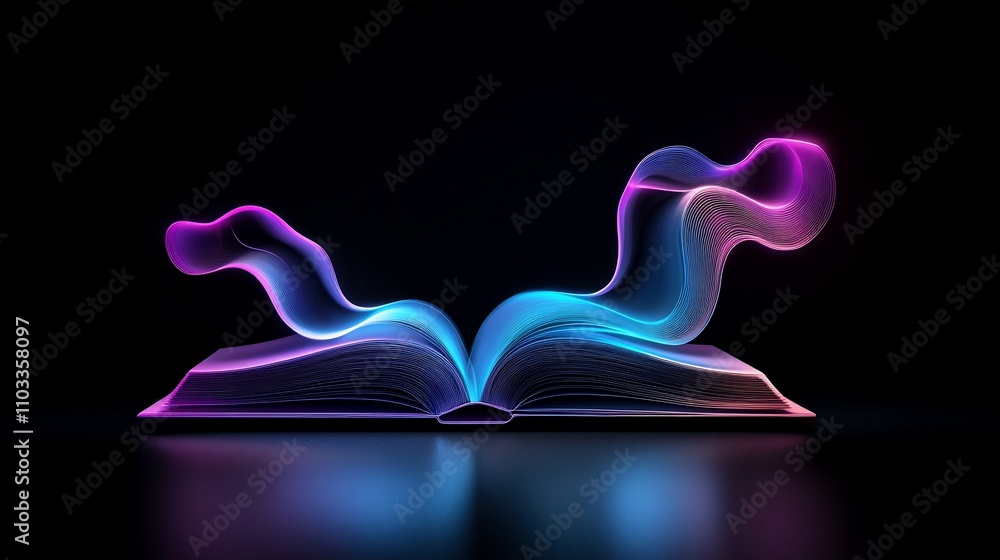 Poster glowing neon lines forming an open book on a reflective surface.
