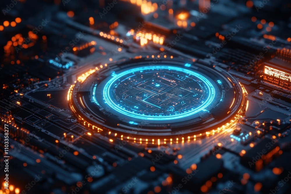 Wall mural futuristic circuit board with glowing neon lights and central processor in a high-tech digital envir