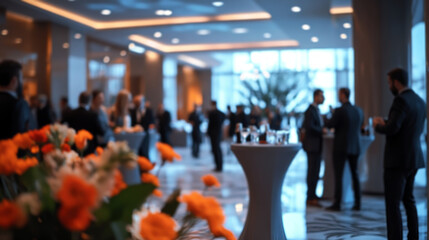 Business conference lobby with people standing and socializing, blurry background of professional figures in the distance