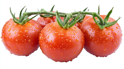 Dewy red tomatoes with water droplets, placed on a white background, highlighting their vibrant color and fresh appearance --ar 16:9 --v 6.1 Job ID: 92f662ba-b272-4ad5-b919-dd87a8645f78