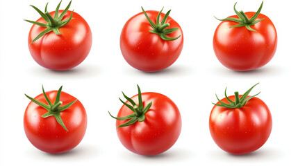 Fresh, newly harvested tomatoes arranged neatly on a white background