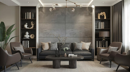 Modern Lounge with Dark Gray and Taupe Interior, Beige Accents, and Microcement Texture

