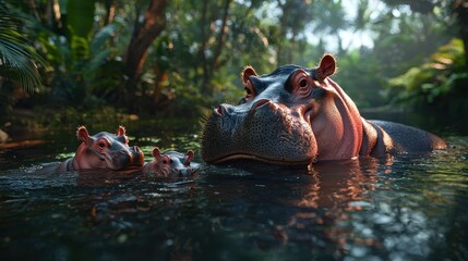 Fototapeta premium Hippos swimming in tropical wetlands nature photography family bonds serene environment wildlife concept
