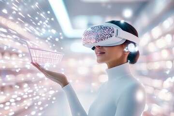 Woman wearing vr headset shopping online using augmented reality in futuristic supermarket