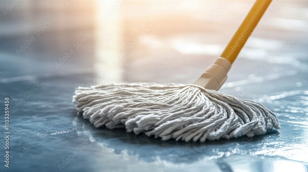 Poster close-up of a mop cleaning a shiny floor, capturing the texture of the wet surface with reflected li