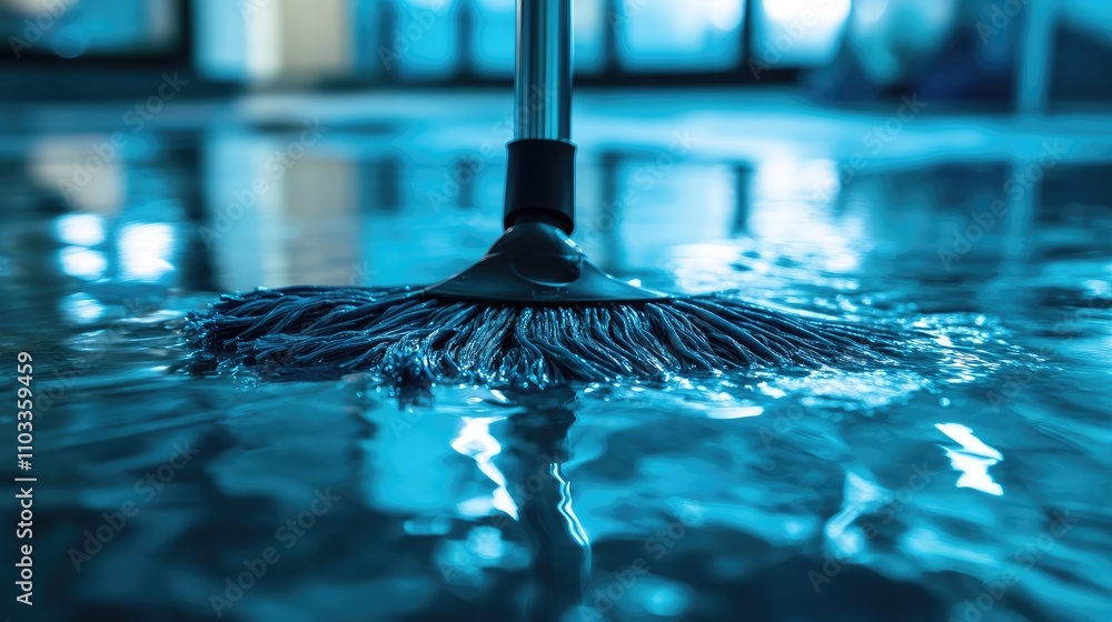 Poster cleaning floor with mop in sparkling water environment showing reflections and glimmering surface in