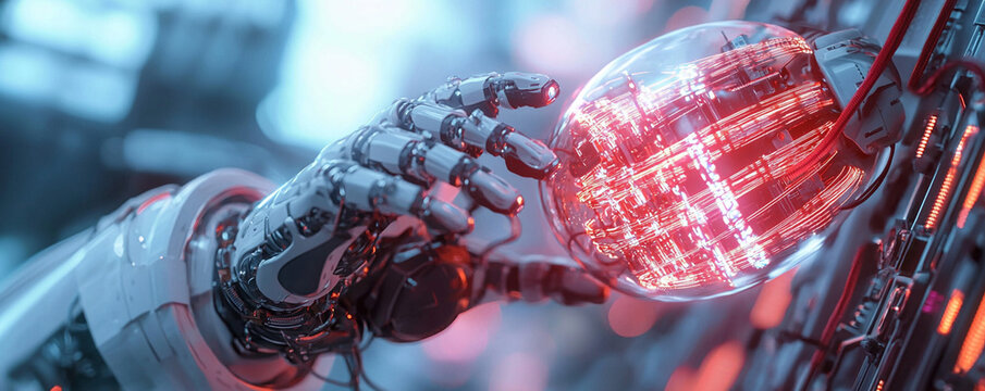 Ai-generated robotics interaction futuristic lab digital art high-tech environment close-up view innovation and technology concept