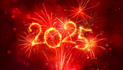 2025 New Year Celebration With Red And Golden Firework In Eve Night