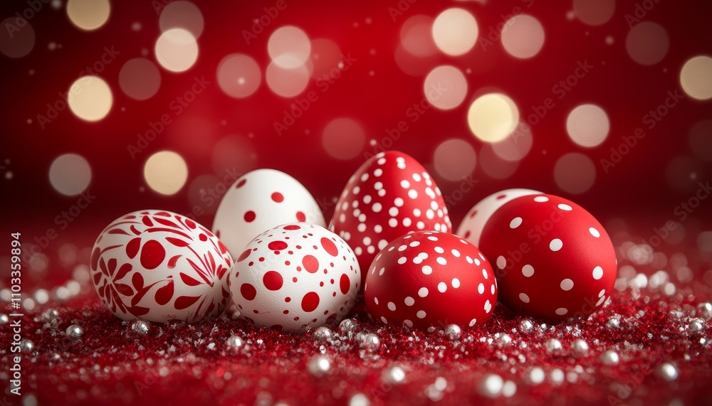 Poster group of red and white easter eggs on red background with polka dot pattern and blurred lights