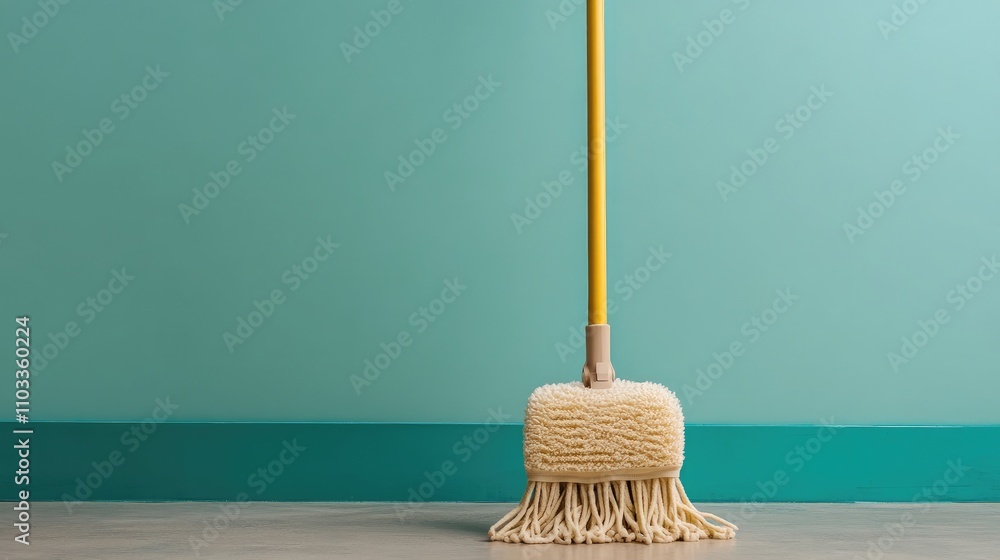 Poster clean and modern floor cleaning tool standing on a smooth surface in a brightly colored room with a 