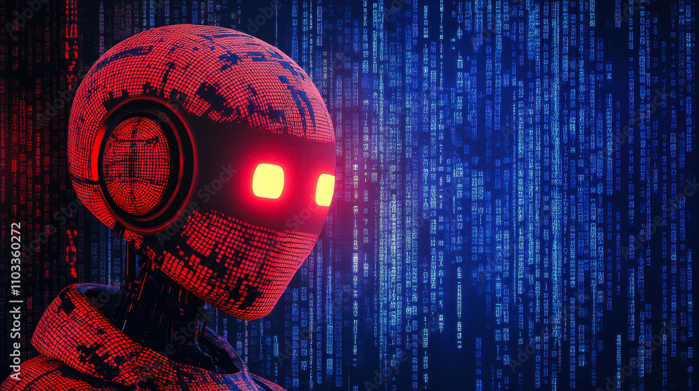 Poster evil ai robot concept with malicious code and rogue machine learning risks
