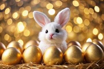 Adorable White Easter Bunny Surrounded by Golden Eggs in a Magical Bokeh Setting Created with Generative AI Technology for Spring Celebrations and Festive Decor
