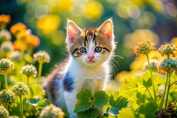 Adorable White Tortoiseshell Kitten Playing with Alchemilla Flowers in a Colorful Garden Setting, Capturing the Joy of Nature and Playfulness of Feline Companions