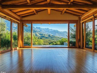 Serene interior space of mountain view yoga wellness retreat
