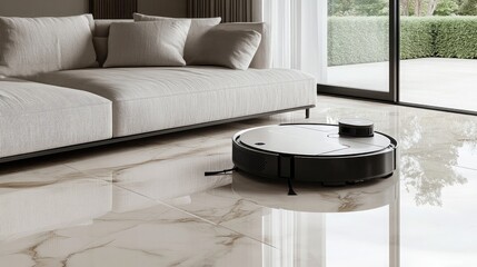 Modern Living Room with Robotic Vacuum Cleaner on Polished Marble Floor and Cozy Sofa in Contemporary Interior Design Aesthetic