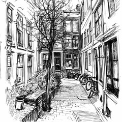 A charming black and white cozy sketch of a residential street with bicycles and stunning historical architecture of Amsterdam.