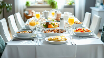 Fototapeta premium Family enjoying delicious food on dining table at home