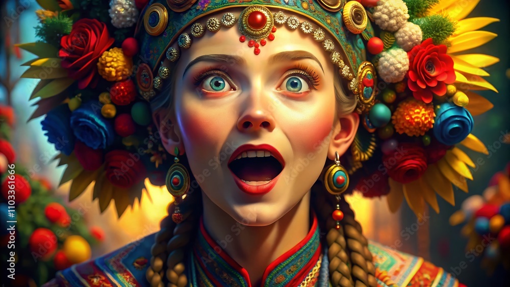 Poster amazed face emoticon of ukrainian character animation capturing emotion and culture in a colorful, e
