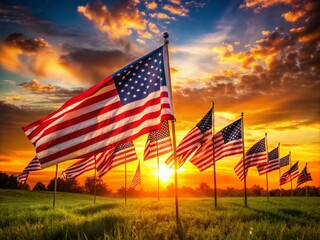 Obraz premium American Flags Waving Against a Stunning Sunset, Symbolizing Independence and Patriotism for 4th of July and Memorial Day Celebrations in Nature's Embrace