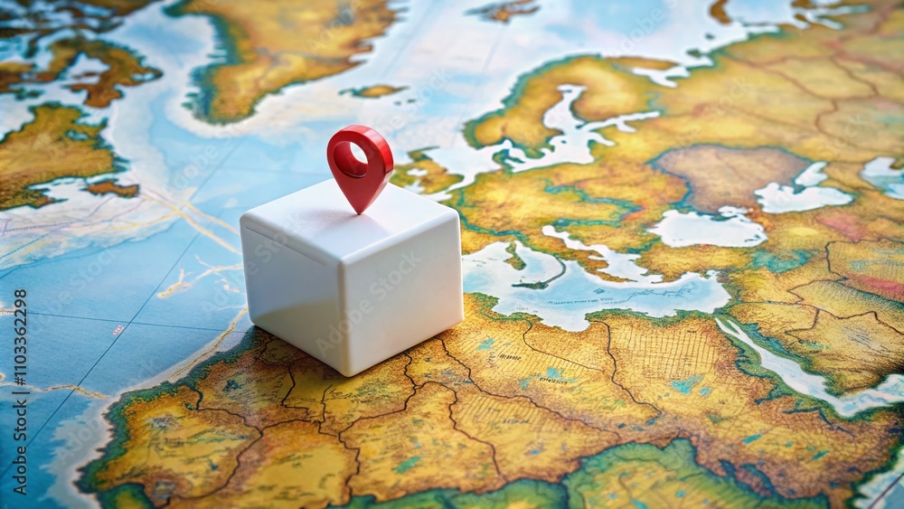 Aufkleber a minimalist composition of a blank white box on a world map with a red pin marking a specific locat