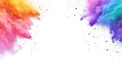 Fototapeta premium Vibrant rainbow holi paint powder explosion with decorative frame border and ample copy space on clean white background, perfect for creative projects, graphic designs, marketing materials.