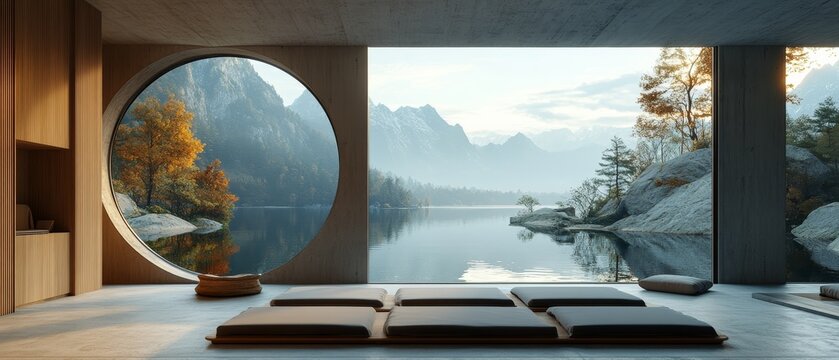 Serene modern meditation space with mountain views and tranquil aesthetics