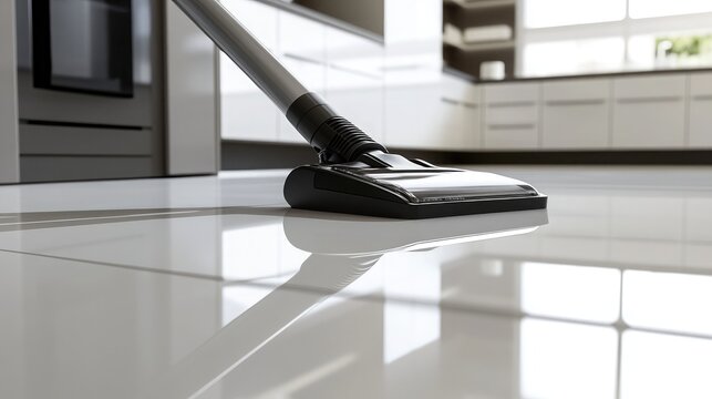 Modern Kitchen Cleaning: Close-Up of Vacuum Cleaner on Shiny White Floor in Contemporary Home Environment with Natural Light Streaming In