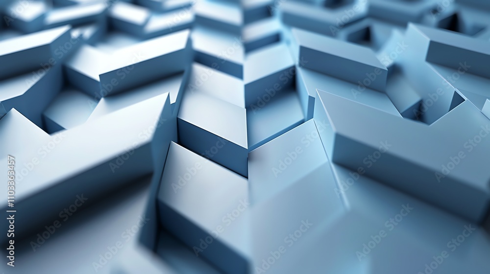 Poster an abstract 3d rendering of a geometric pattern made of blue rectangular shapes.
