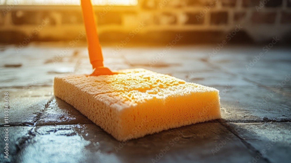 Poster cleaning a floor with a yellow sponge and orange handle under natural light in a rustic environment,