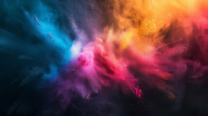 Fototapeta premium Vivid colors of powder burst against a dark background during an outdoor festival celebration in bright sunlight