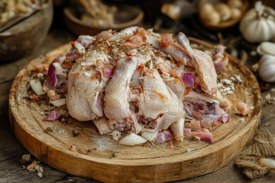 Chicken Carcass close up on Wooden Plate. Fresh Cooked Meal Background