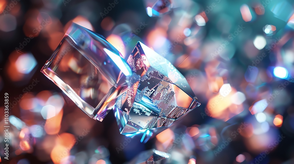 Poster An abstract background with shiny, geometric shapes and a bokeh effect.