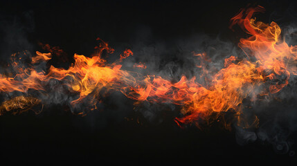 Flames dance dramatically with swirling smoke in a dark background