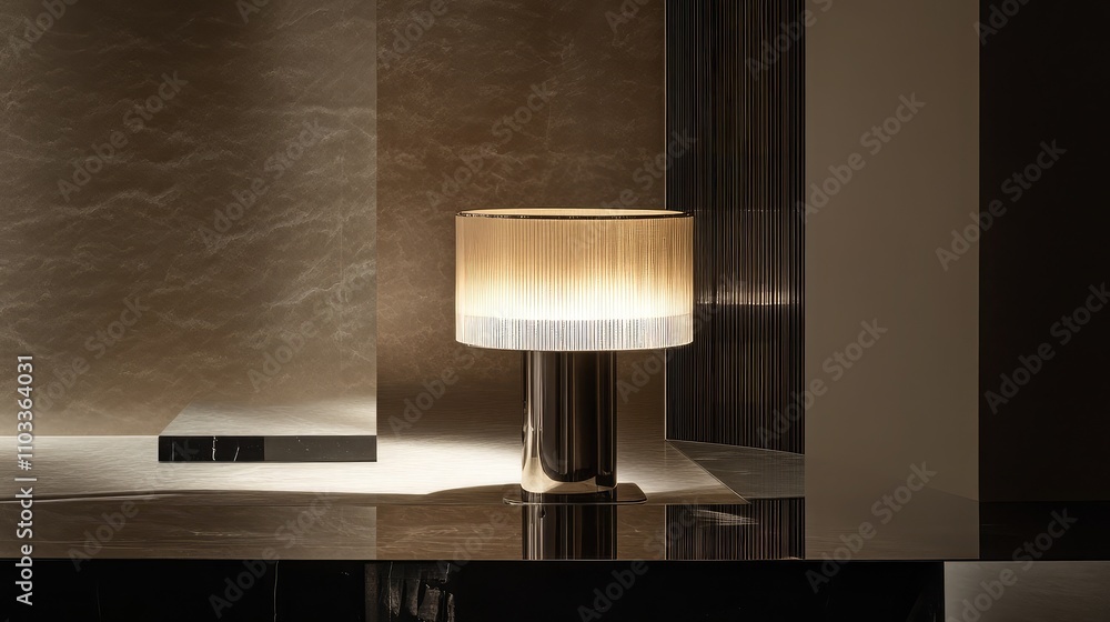 Poster elegant modern table lamp casting soft light in minimalist interior design with textured walls and s