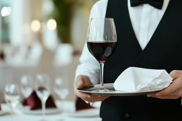 Waiter in formal attire holding a tray with a glass of red wine and a folded napkin in an elegant restaurant setting