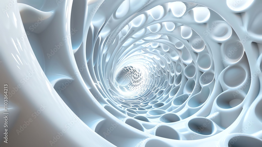 Poster a 3d rendering of a white abstract tunnel with a glowing light at the end.