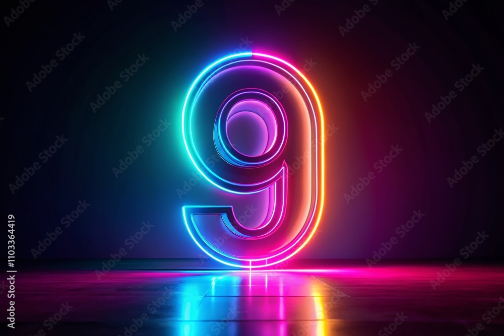 Poster animated neon number 9 in two-color looping design, glowing trendy numeric for educational mathemati