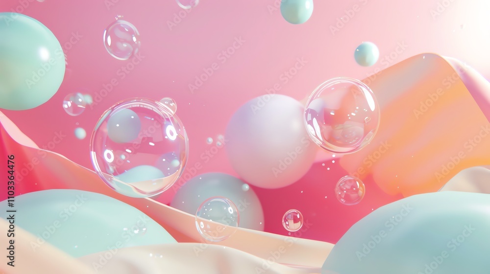 Poster an abstract 3d rendering of transparent and colorful spheres floating in mid-air.