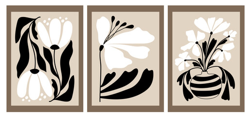 A set of modern abstract floral posters. Nerdy naive groovy funky wall paintings. Vector flat illustration for interior, paintings, postcards, covers, tee print, wallpaper, hippie-style flower show.