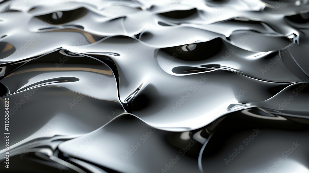 Poster abstract 3d rendering of a shiny, metallic, and undulating surface.