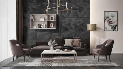 Modern Lounge with Dark Gray and Taupe Interior, Beige Accents, and Microcement Texture

