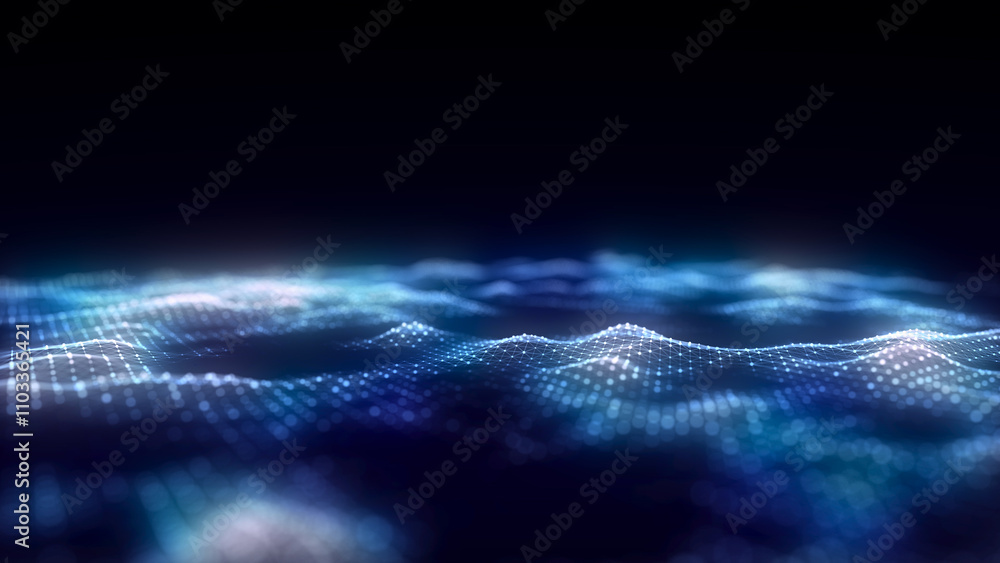 Poster Music color wave of particles and lines. Big data visualization. Abstract blue background with a dynamic wave. 3d rendering.