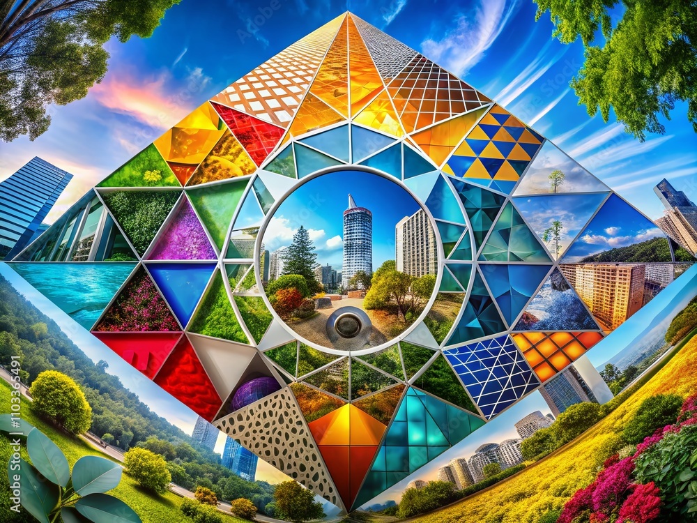 Poster a panoramic view of geometric harmony: circles nestled within triangles and squares in a captivating
