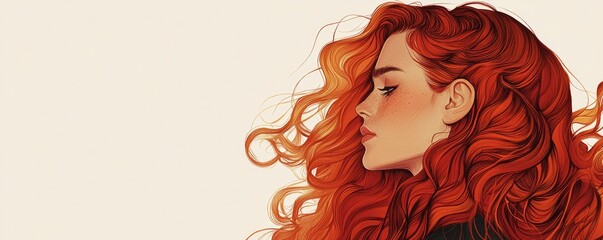 A woman showcases her deep auburn hair, elegantly styled in soft waves, while maintaining a serene expression in a minimalistic setting