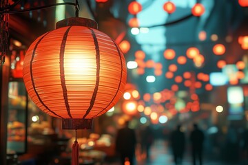 A close-up of a glowing red lantern hanging on a festive street, with additional lanterns creating a bokeh effect in the background.