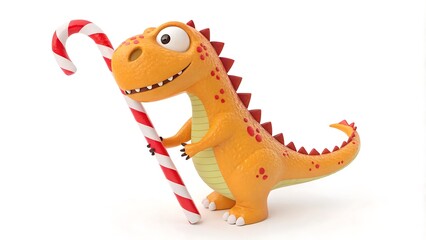 Fototapeta premium A playful photostock image featuring a 3D cartoon dinosaur holding a candy cane against a clean white background.
