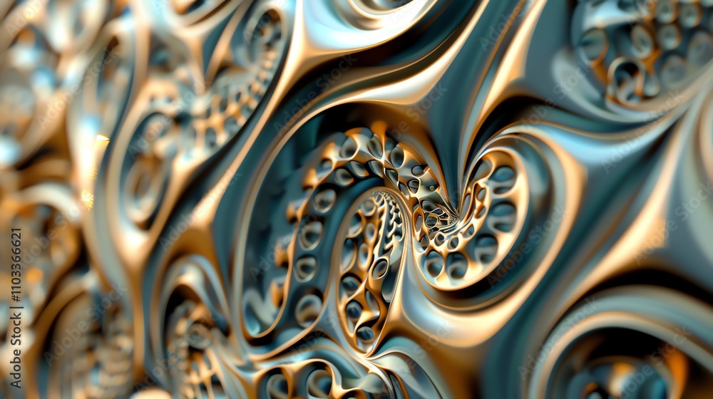 Poster abstract 3d rendering of a swirling metallic pattern.